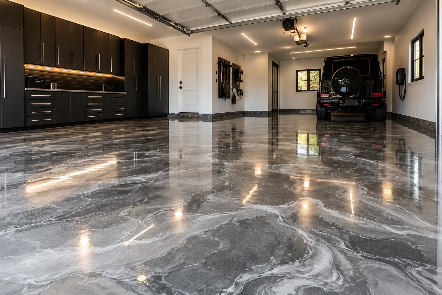 Garage with glossy gray marble-look epoxy floor