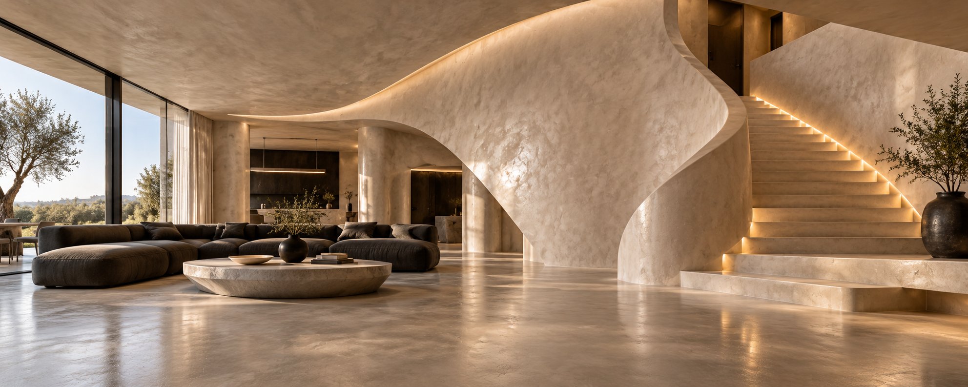 Living room with plaster walls, curved staircase and microcement floor