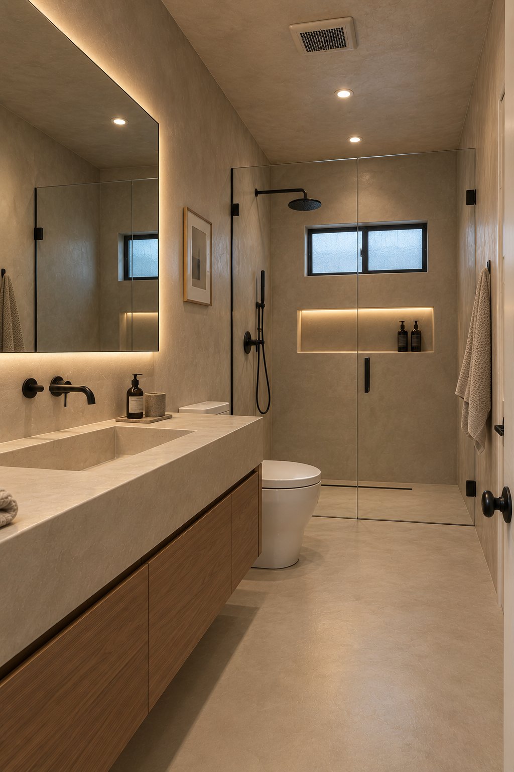 Microcement bathroom with walk-in shower and floating vanity